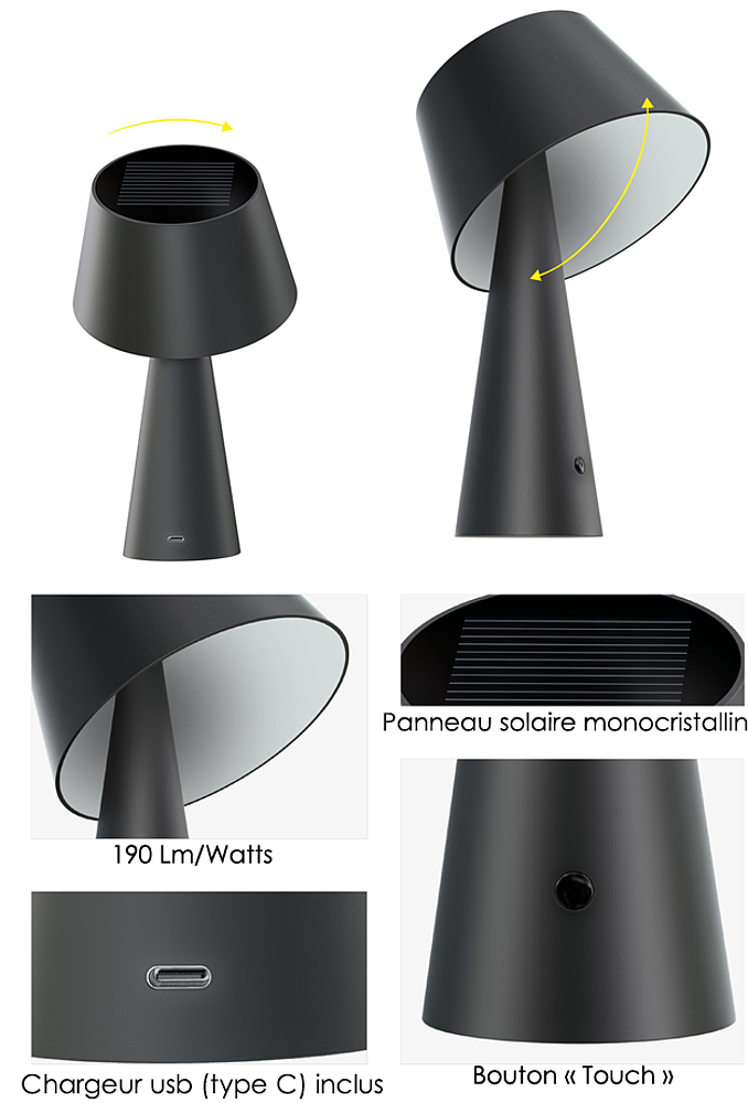 Lampe table solaire noir mat